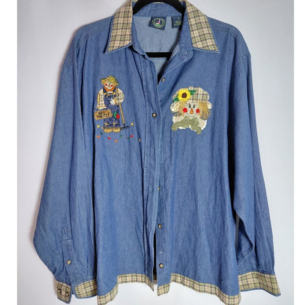 Lighthouse Apparel Embroidered Denim Shirt Blue Solid Long Sleeve Women Size L